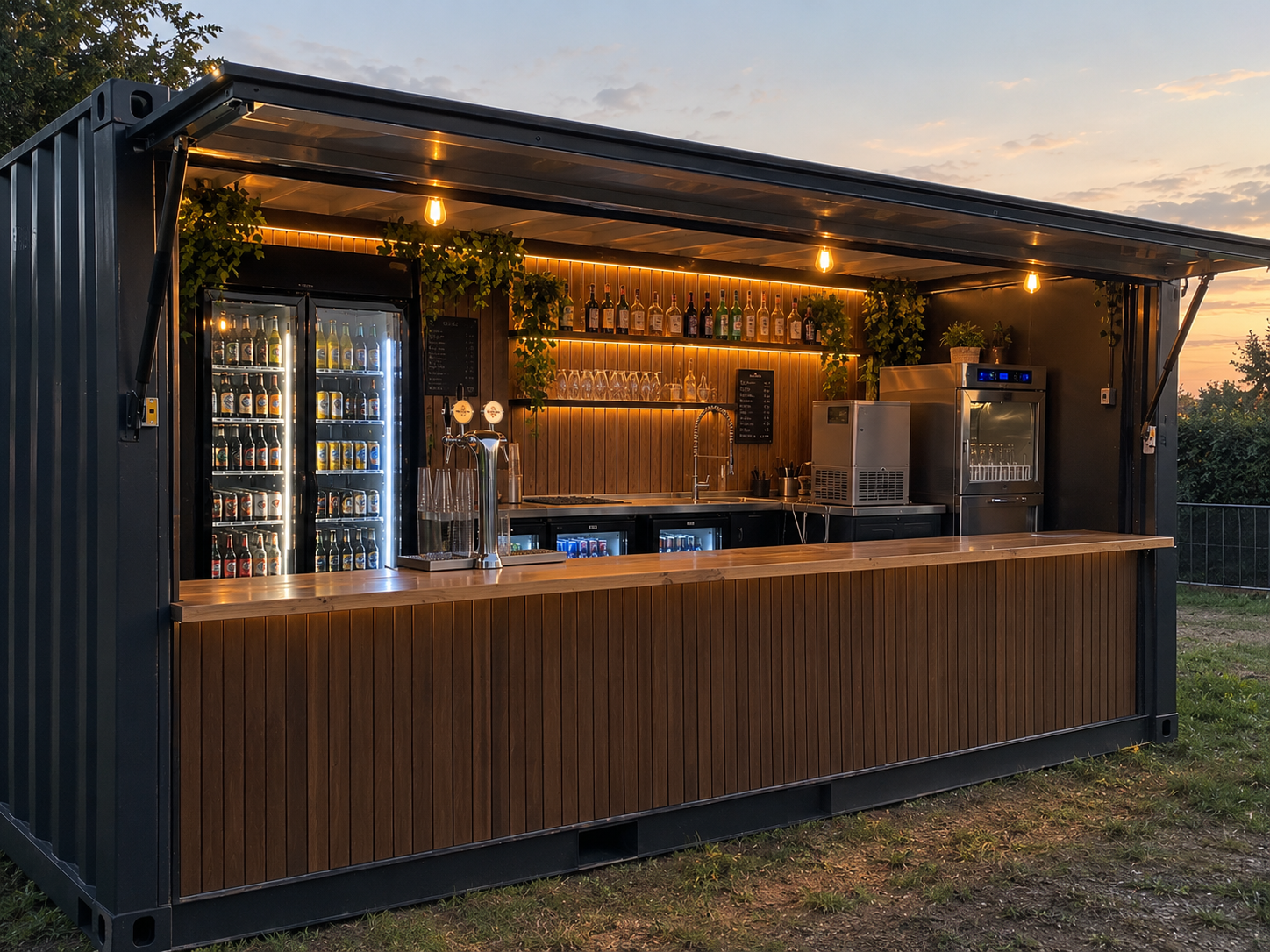 Elegant container bar at dusk