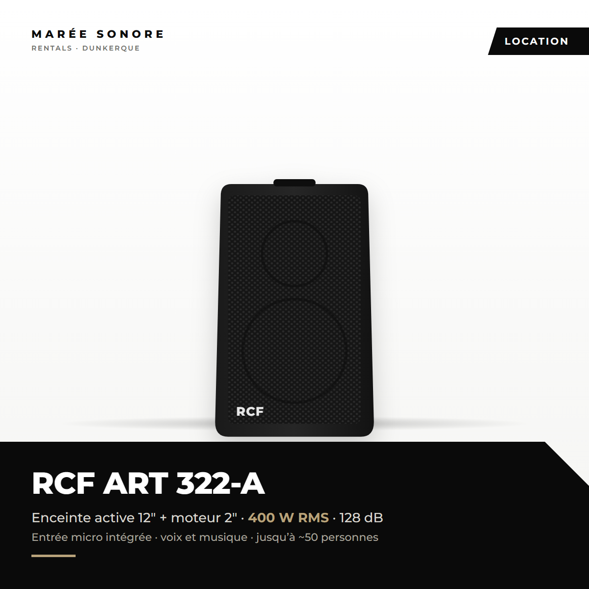 Location enceinte active RCF ART 322-A 12 pouces 400 W à Dunkerque - Marée Sonore Rentals