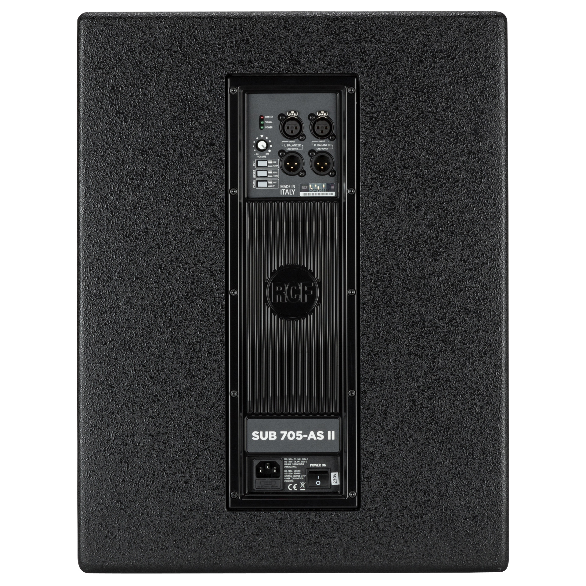 Rear connections of the RCF SUB 705-AS subwoofer